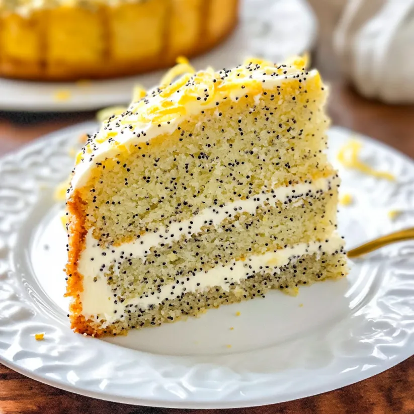 A slice of lemon poppy seed bundt cake.