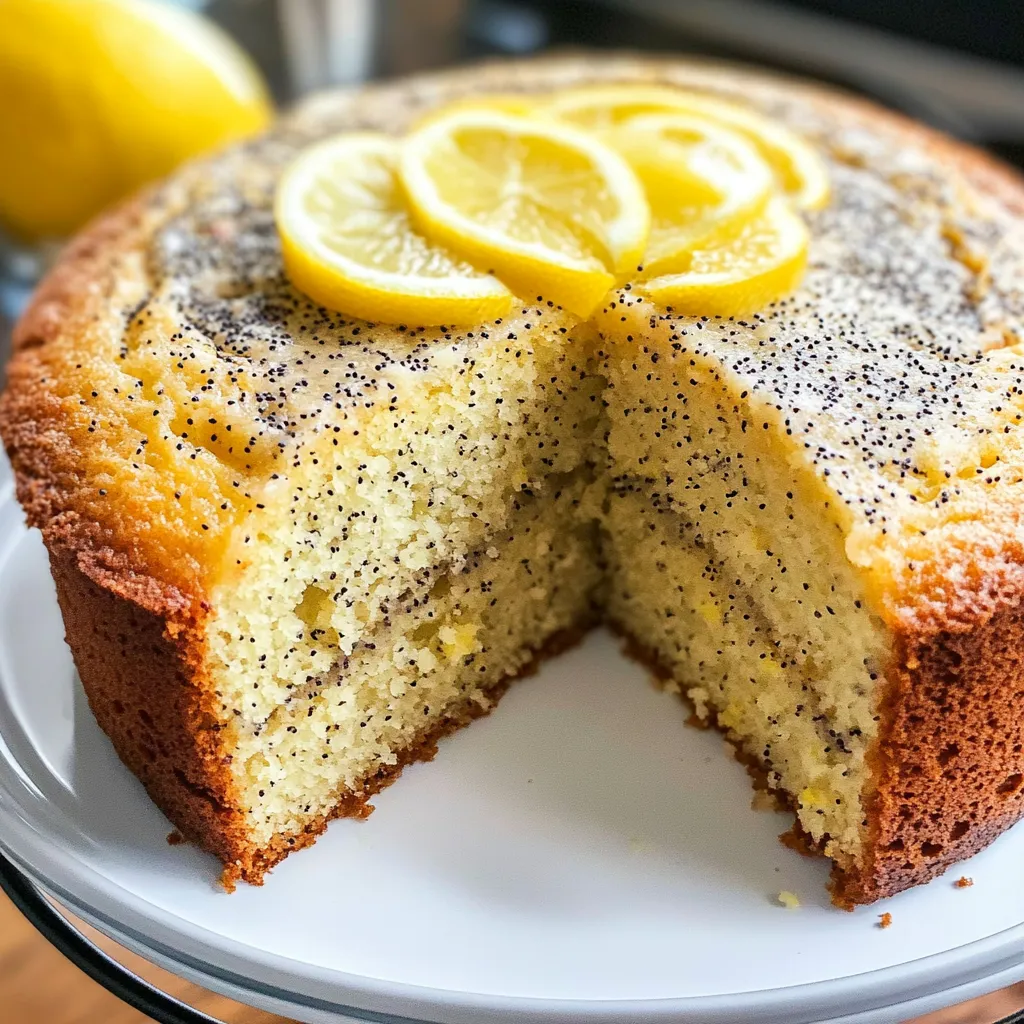 A slice of lemon poppy seed bundt cake.