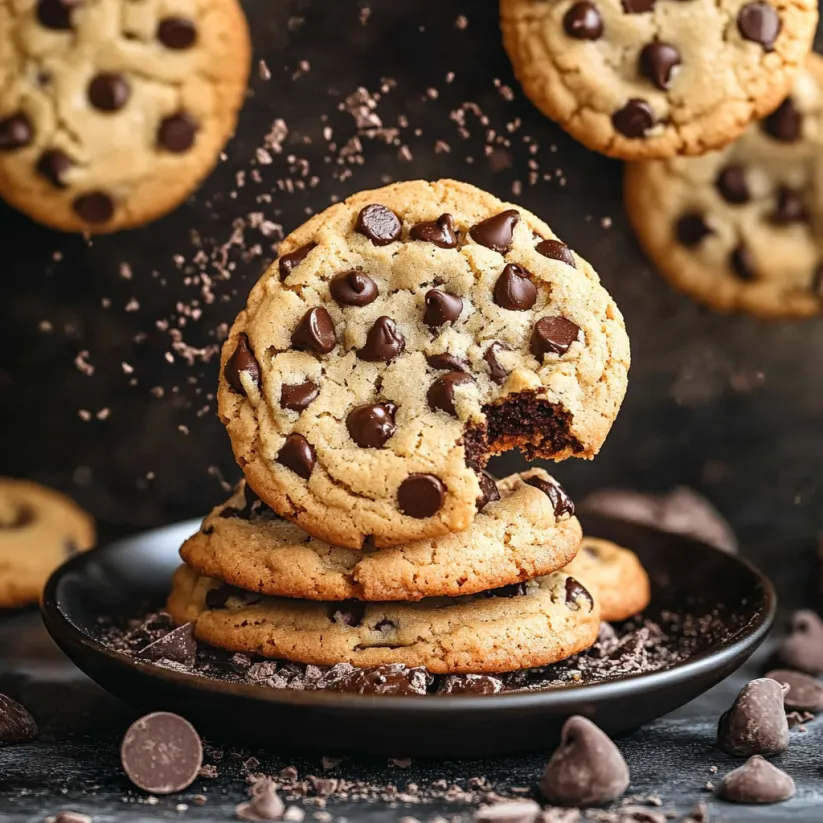 A plate of chocolate chip cookies.