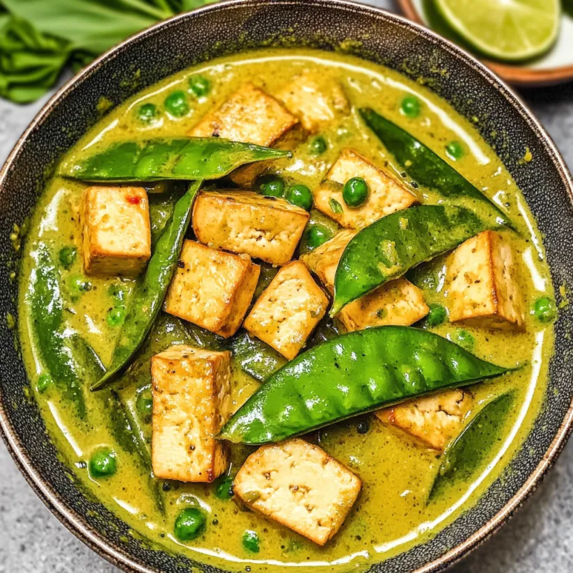 A bowl of Thai inspired green curry tofu.