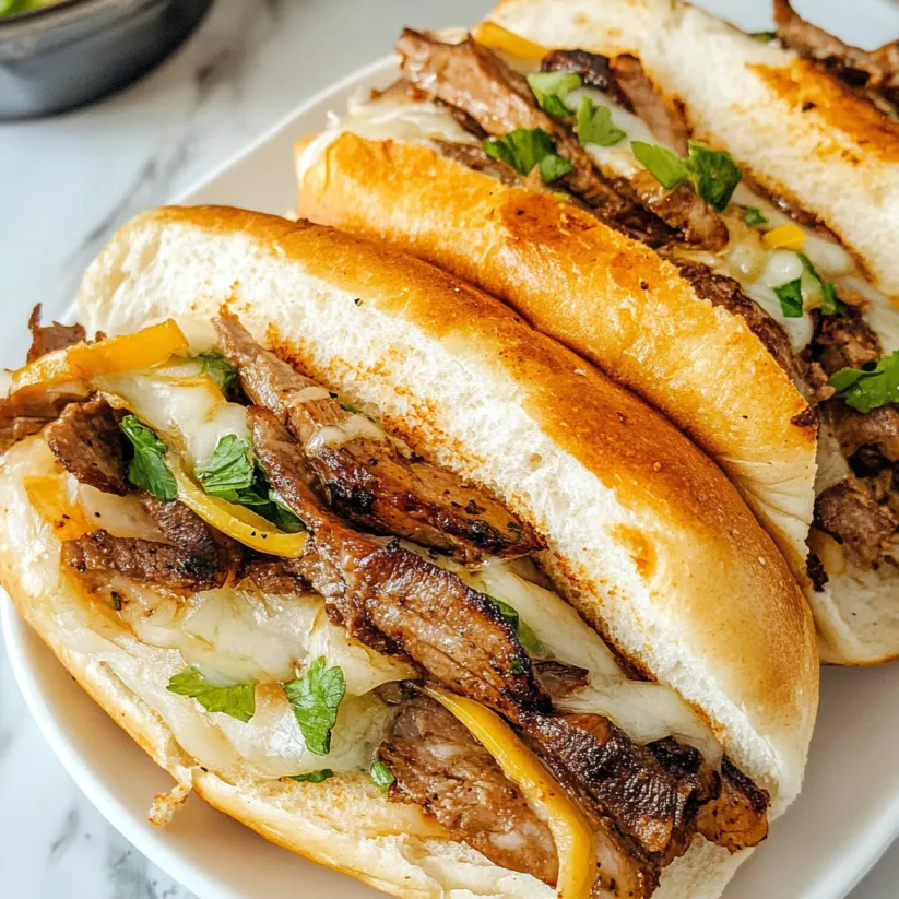 Two sandwiches with meat and cheese on a plate.
