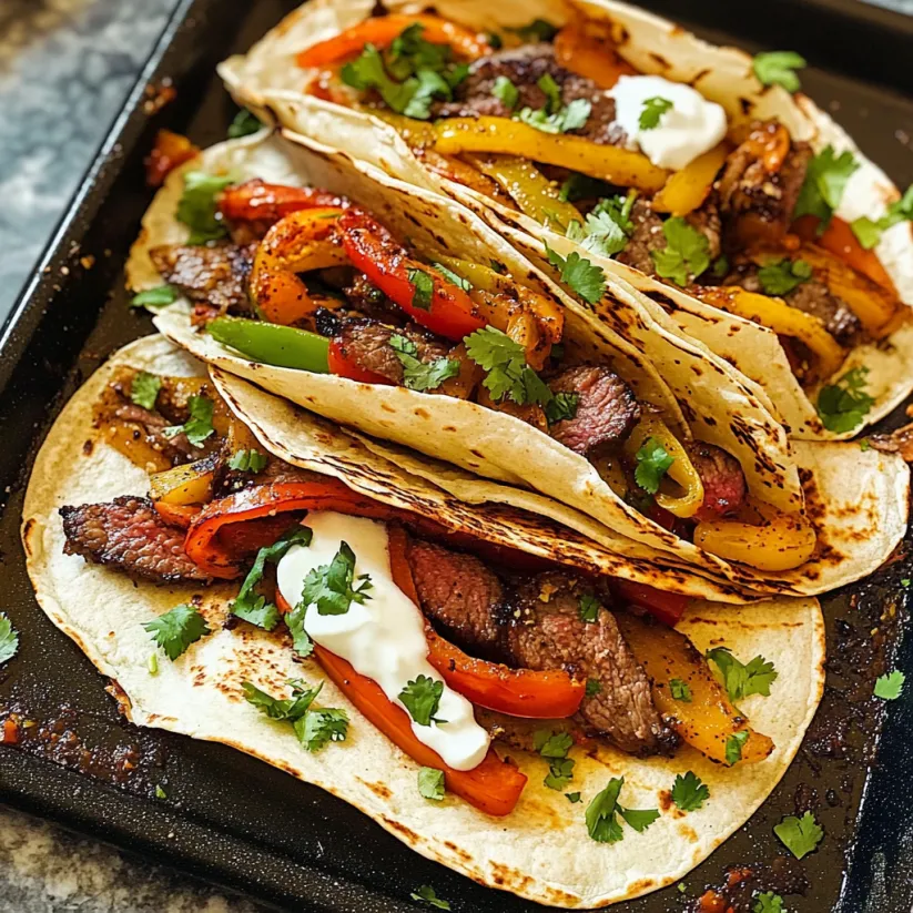 A pan of steak fajitas with peppers and onions.