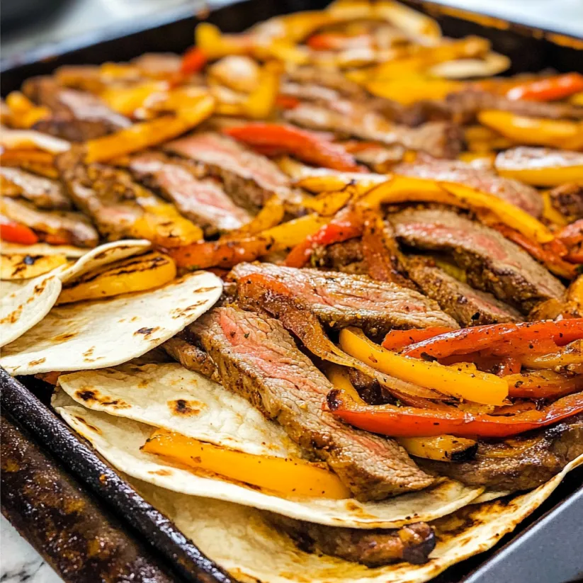 A pan of steak fajitas with peppers and onions.