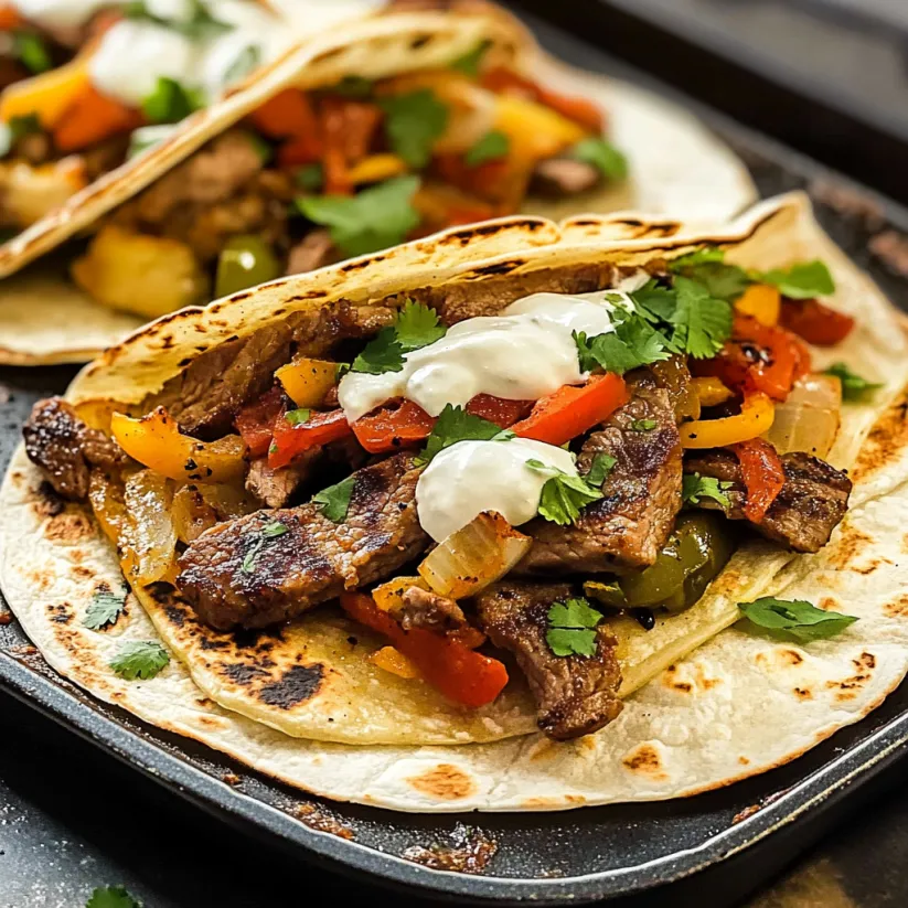 A delicious meal of steak fajitas on a black tray.