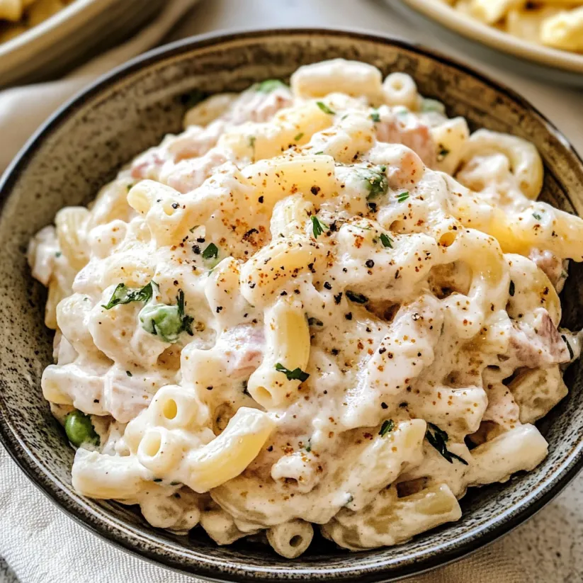 A bowl of tuna macaroni salad.