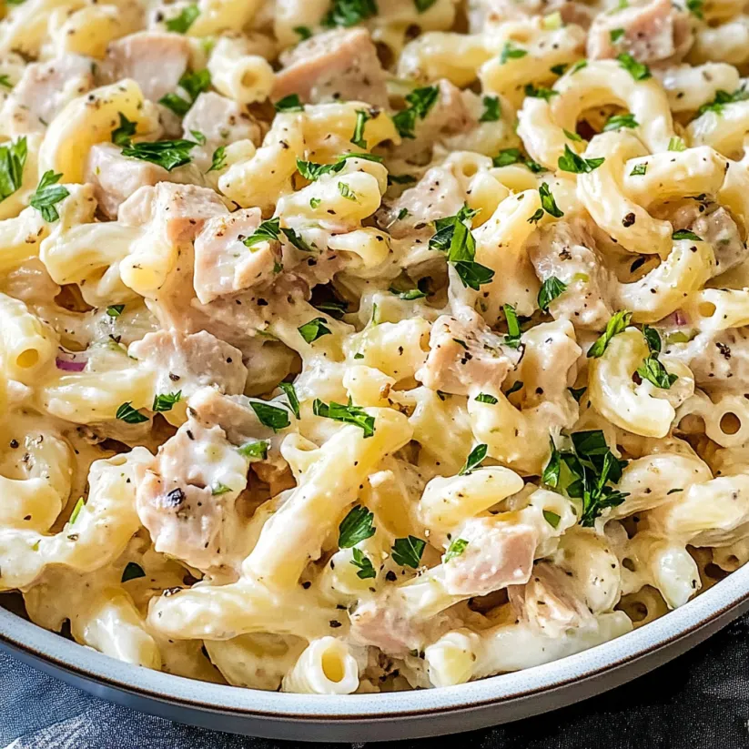 A close up of a tuna macaroni salad.