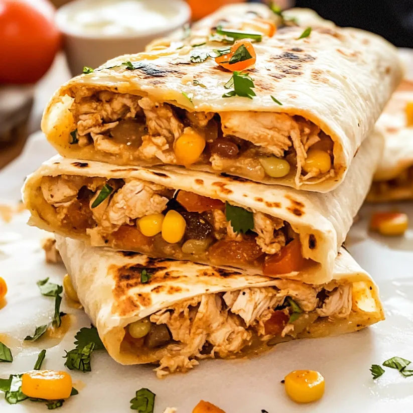 Chicken burritos with tomatoes and corn.