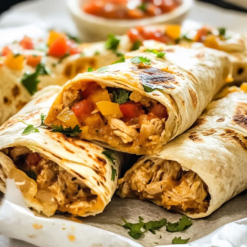 Chicken burritos with tomatoes and sauce.