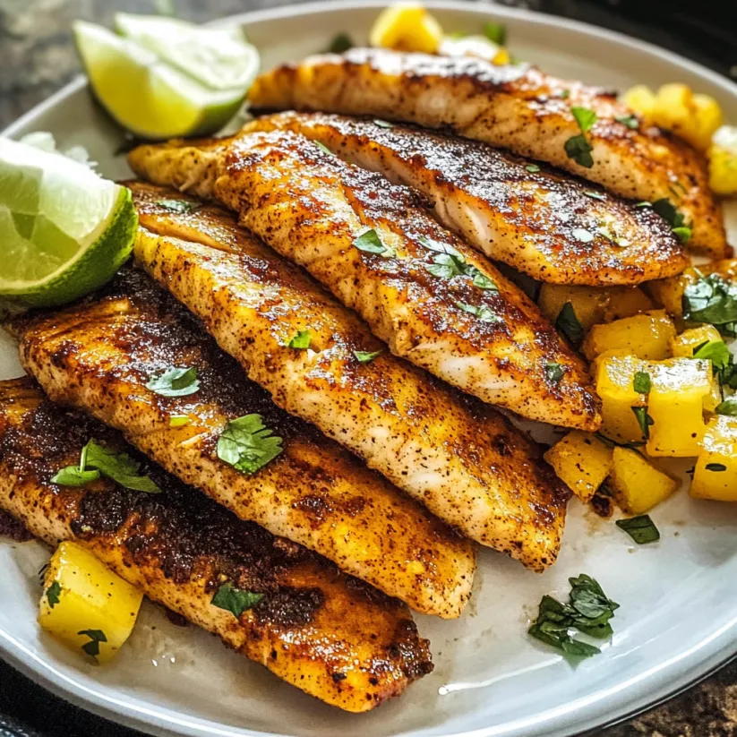 A plate of blackened fish with lime wedges and pineapple chunks.