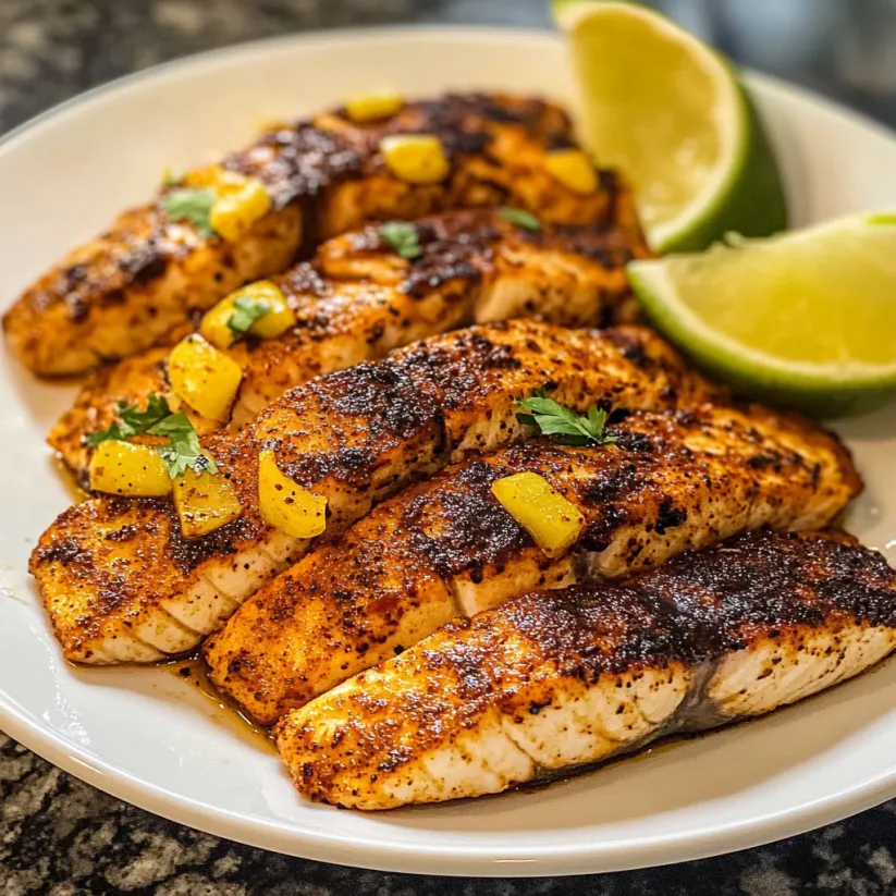 A plate of blackened fish with limes on the side.