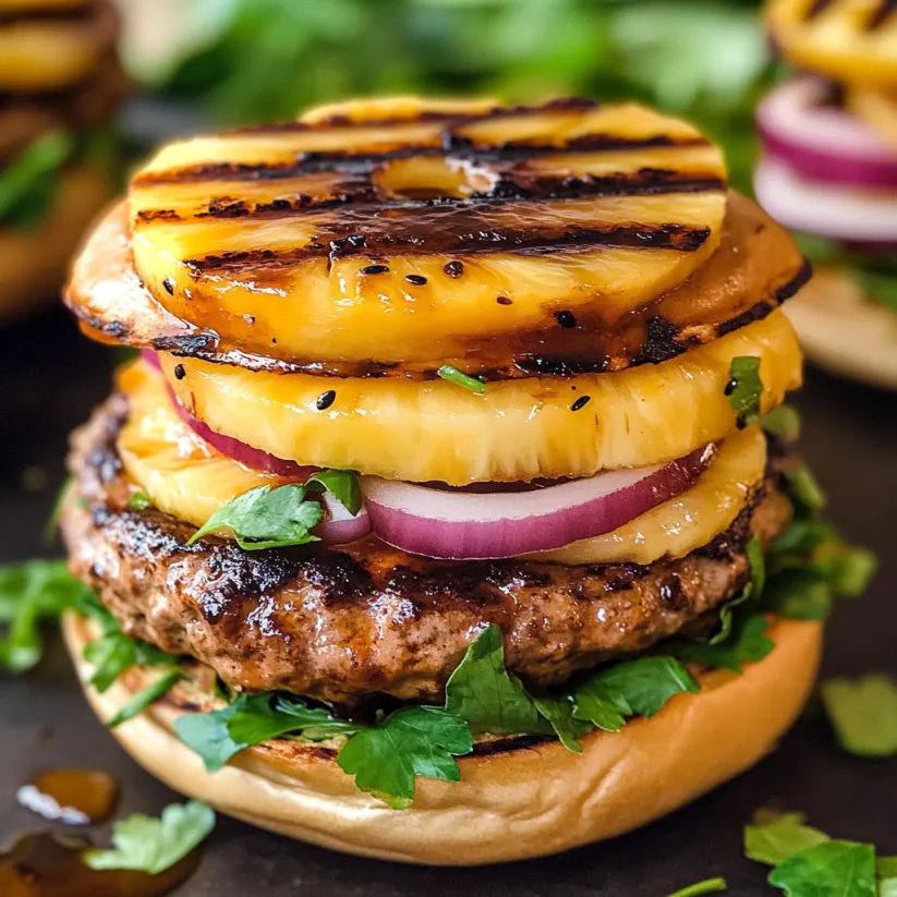 A close up of a burger with pineapple and onions.