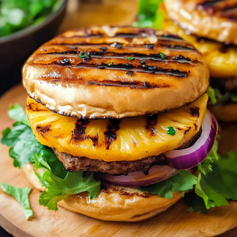 Two grilled teriyaki burgers with pineapple.