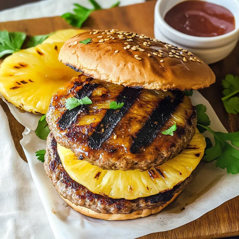 Two burgers with grilled pineapple on top.