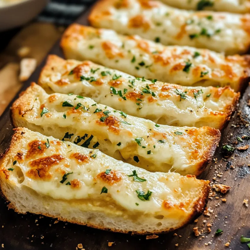 A slice of garlic bread on a cutting board.