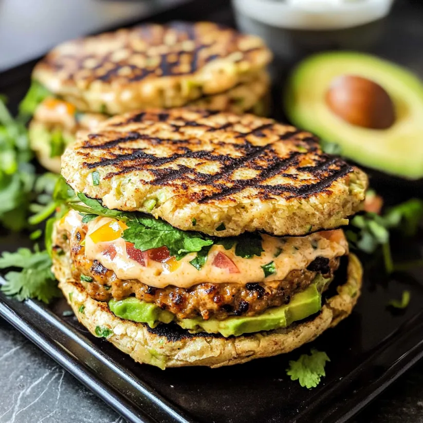 Two burgers with avocado and chipotle yogurt sauce.