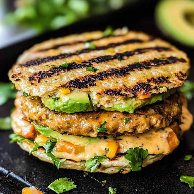 A burger with avocado and chipotle yogurt sauce.