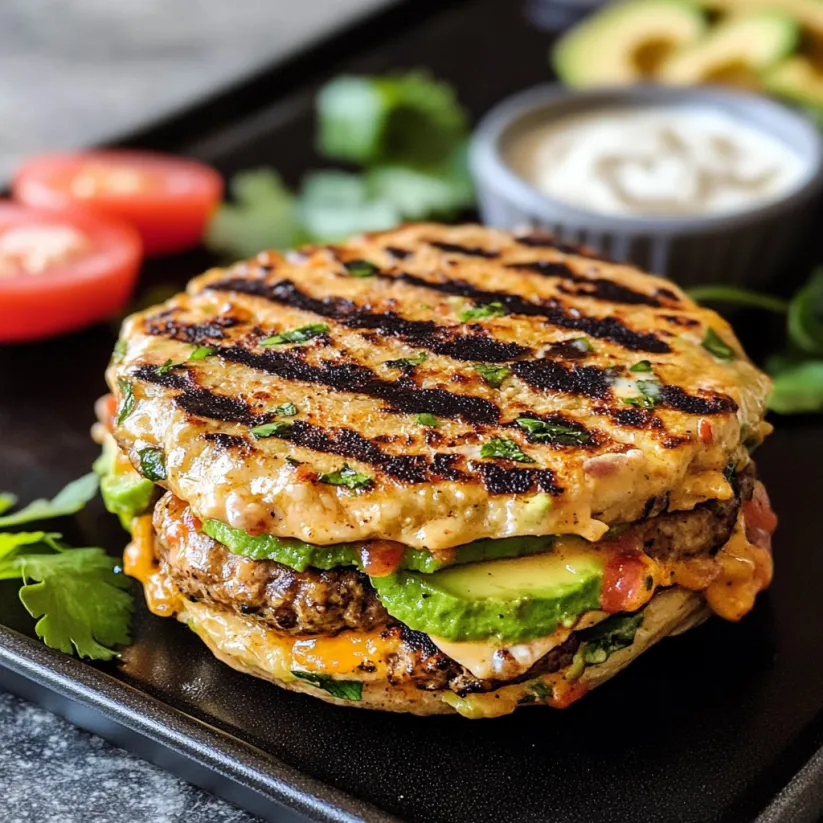 A burger with avocado and chipotle yogurt sauce.