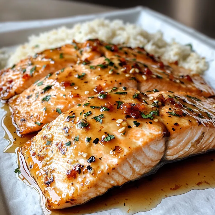 A close up of a piece of salmon with a glaze.