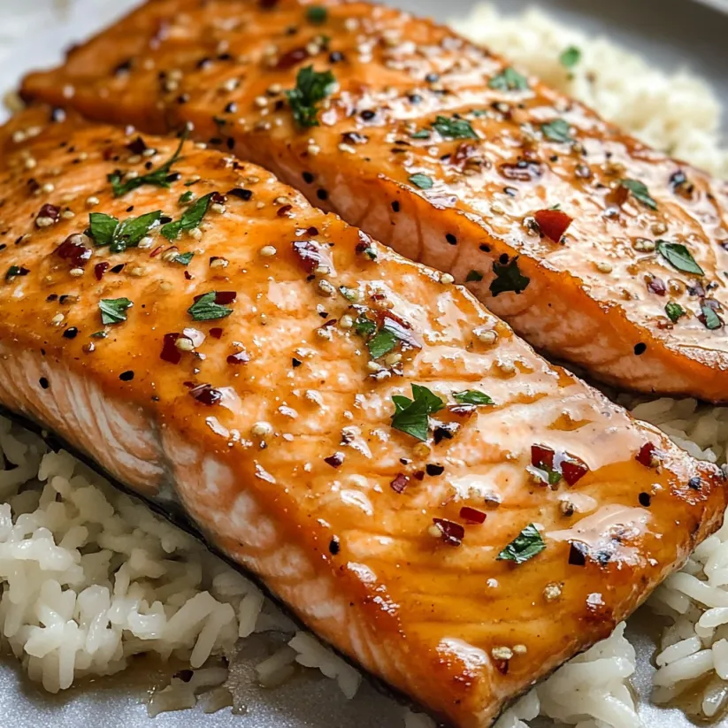 A piece of salmon with rice on a plate.