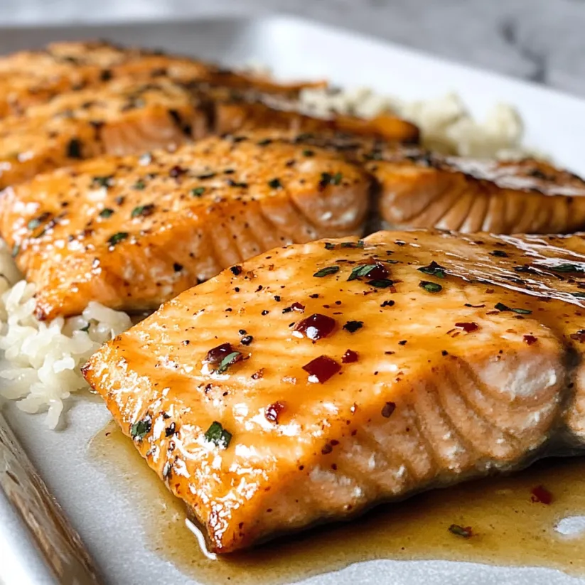 A plate of salmon with a glaze on it.