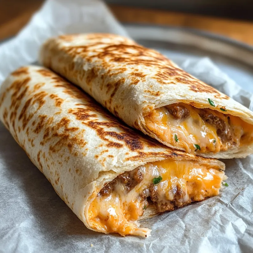 A burrito with cheese and meat on top.