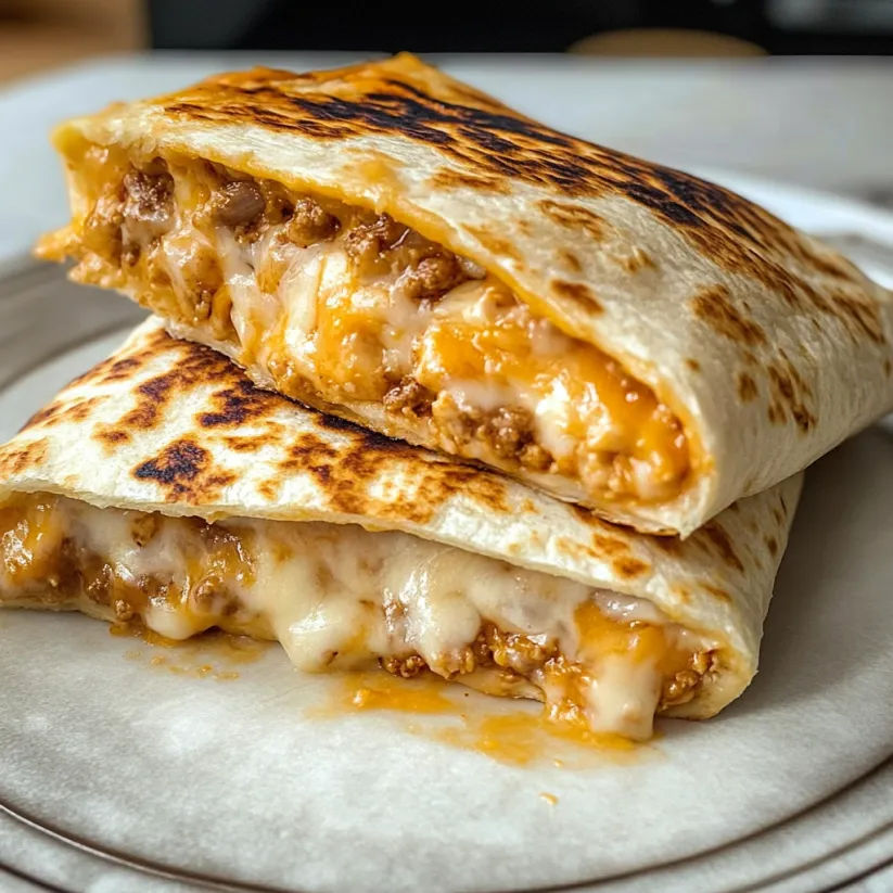 A burrito with cheese and meat on it.