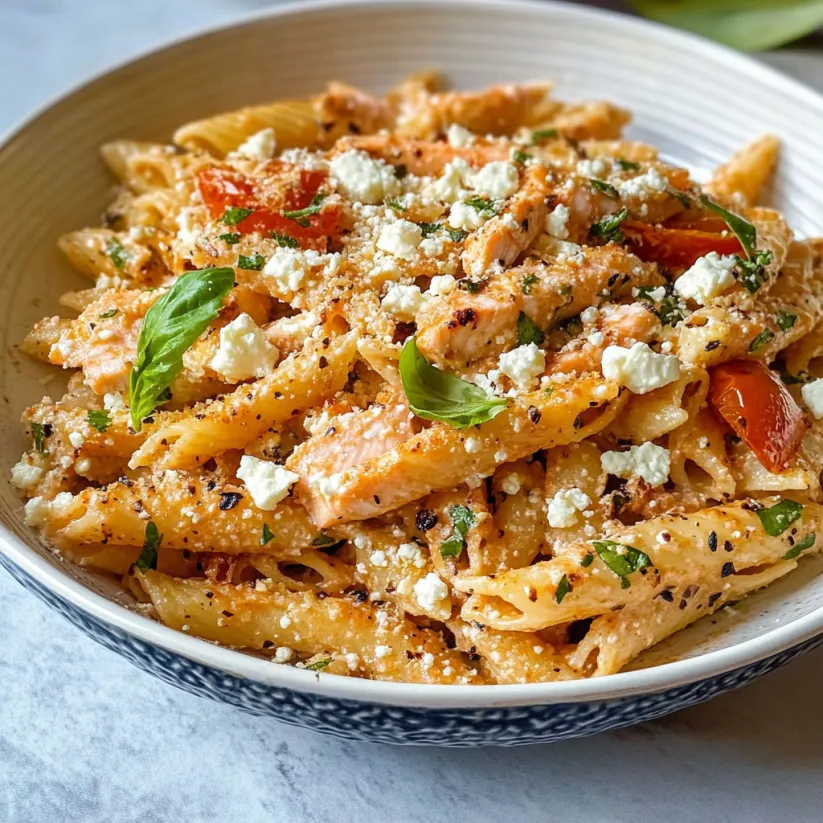 A bowl of pasta with salmon and feta cheese.