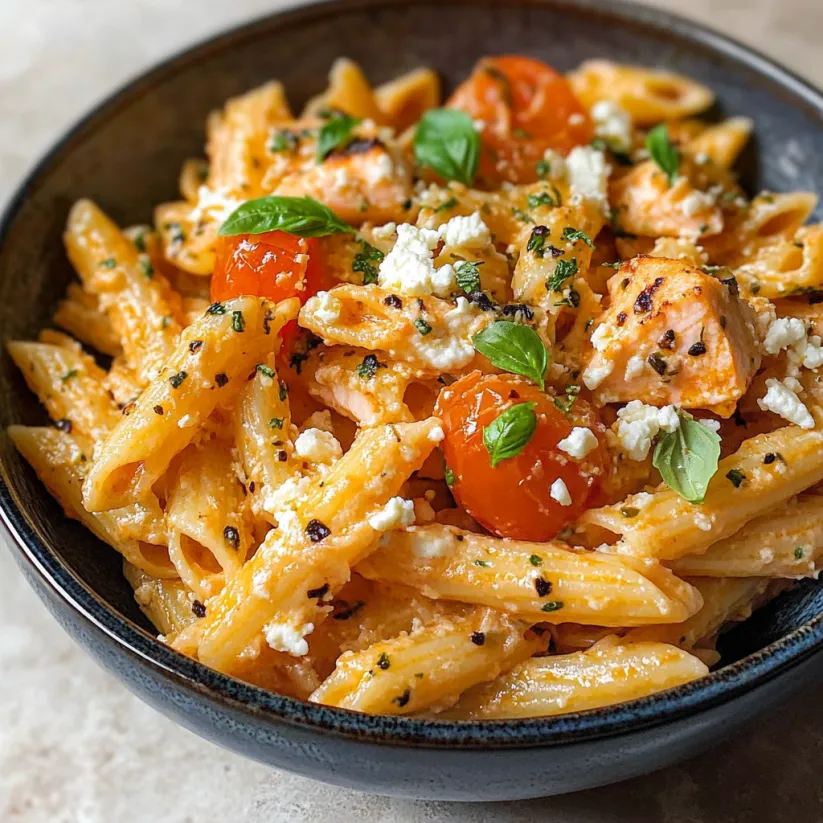 A bowl of pasta with tomatoes and feta cheese.
