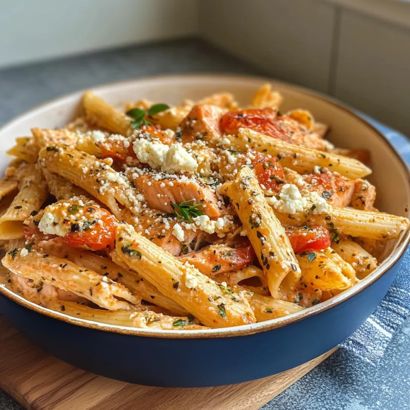 A bowl of pasta with salmon and feta cheese.