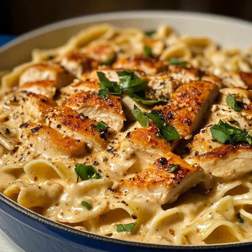 A bowl of chicken and pasta.