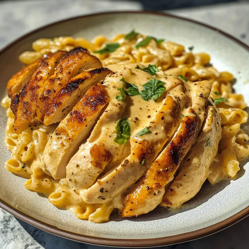 A plate of food with chicken and pasta on it.