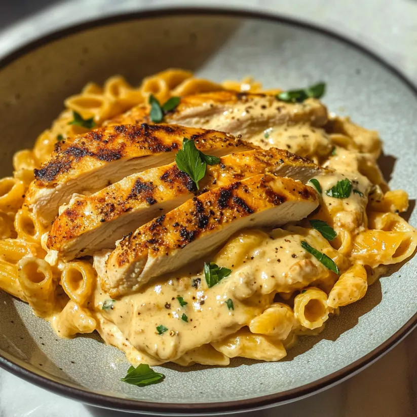 A plate of food with chicken and pasta.
