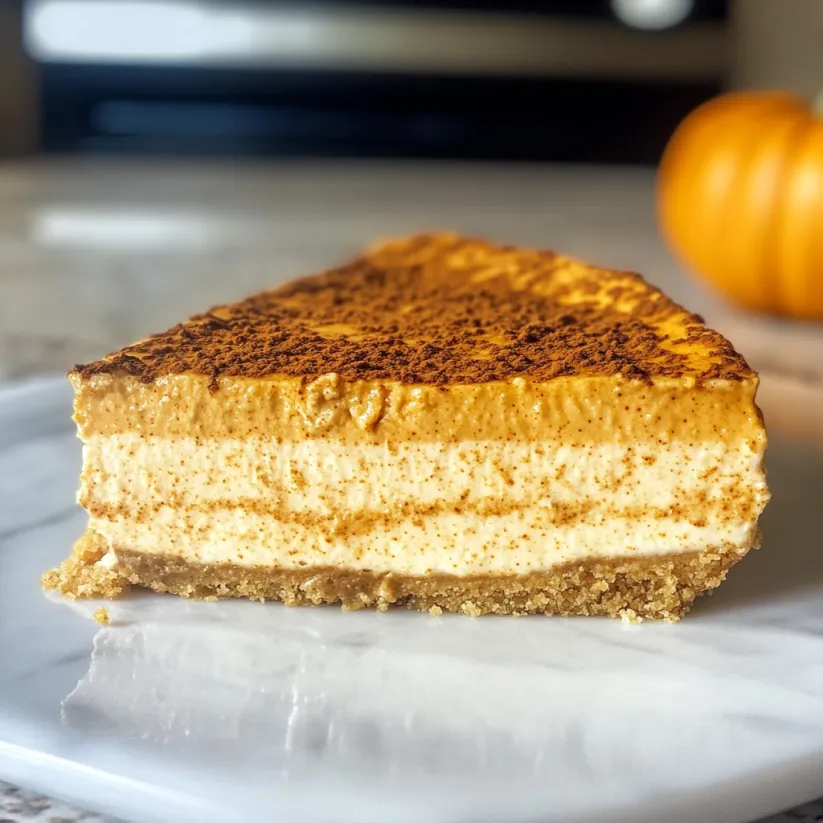 A slice of pumpkin cheesecake cake on a plate.