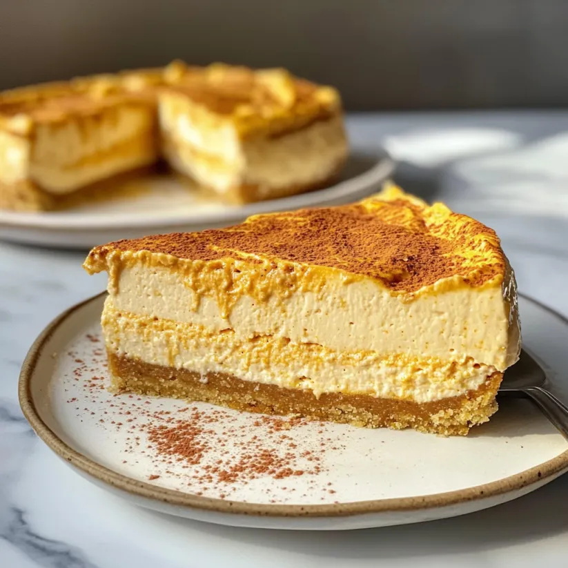 A slice of pumpkin cheesecake cake on a plate.
