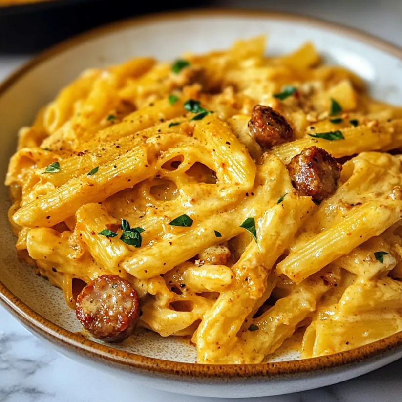 A bowl of creamy sausage pasta.