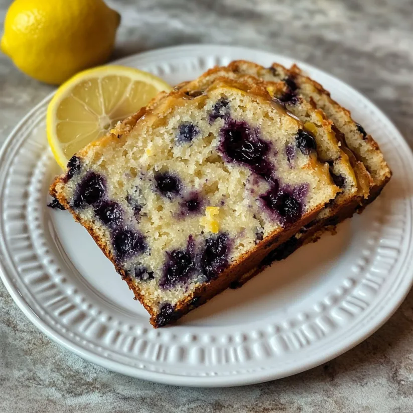 A slice of blueberry lemon bread on a white plate.