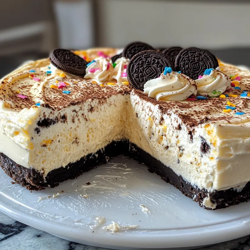 A slice of cake with Oreo cookies on top.