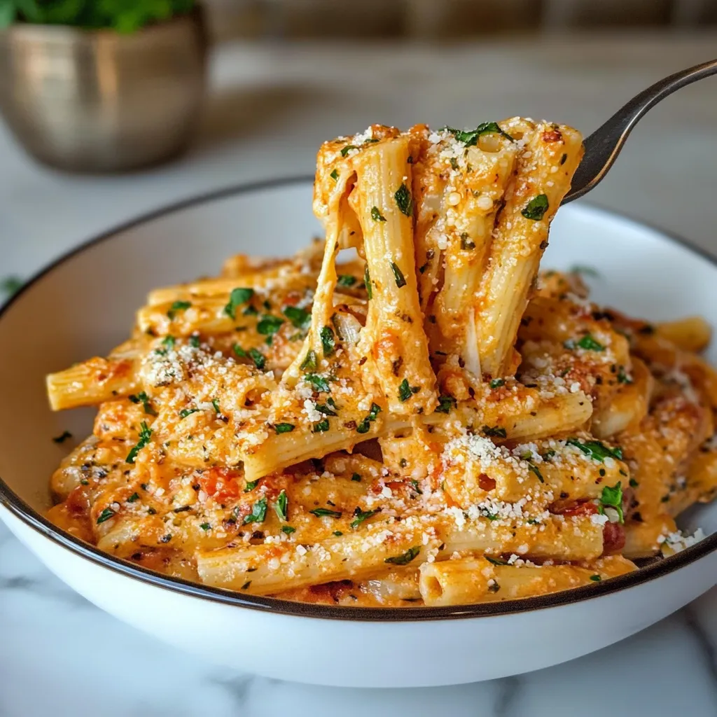 A bowl of pasta with tomato sauce and garlic.