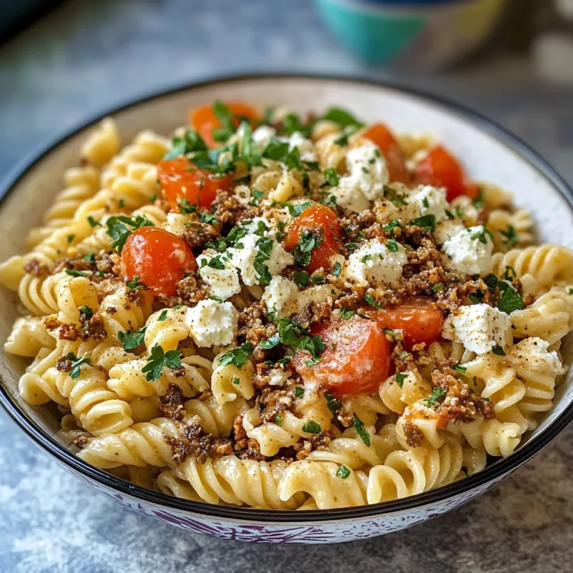 A bowl of pasta with tomatoes and cheese.