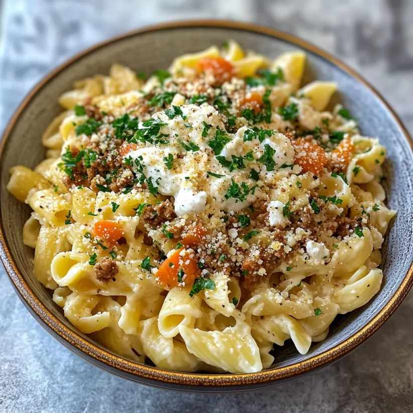 A bowl of pasta with cheese and tomatoes.