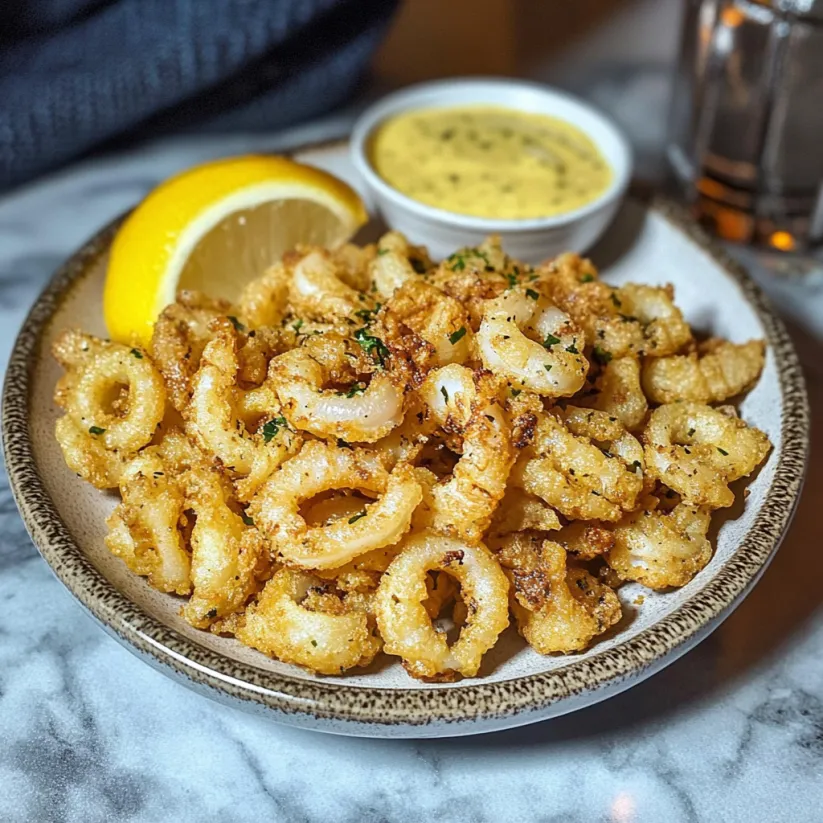 A plate of fried calamari with a lemon wedge.