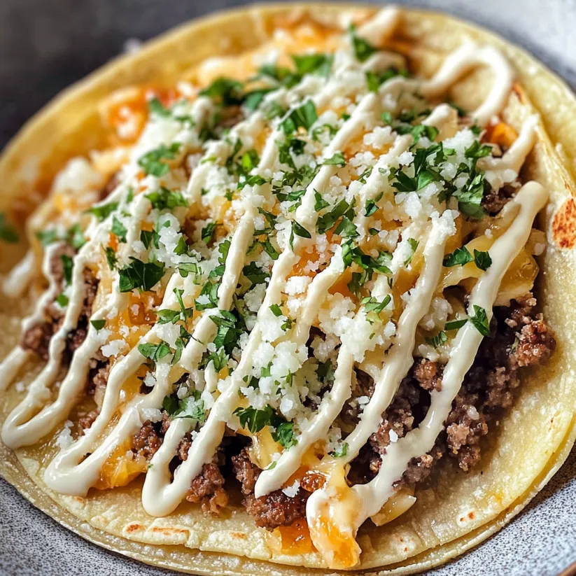 A delicious burger taco with cheese and sauce.