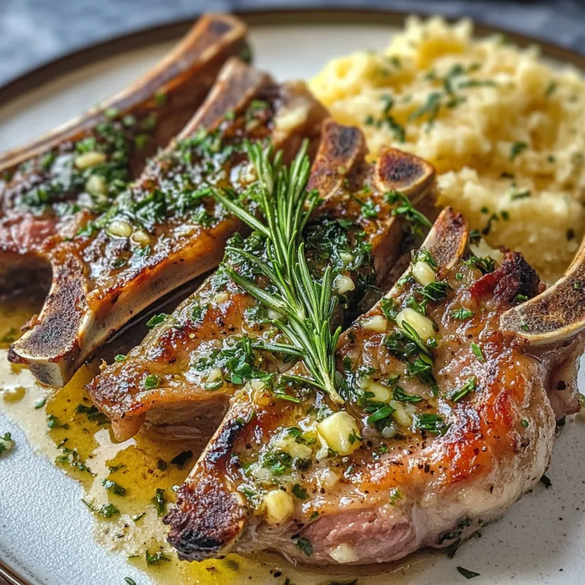 A plate of meat with garlic and rosemary.