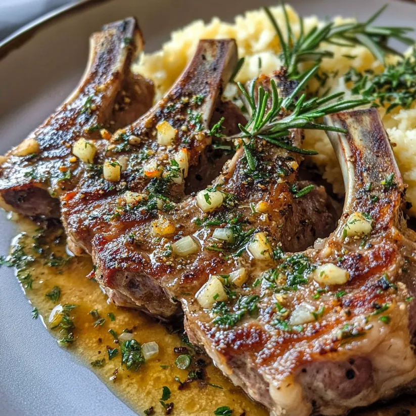 A plate of meat with garlic and rosemary.