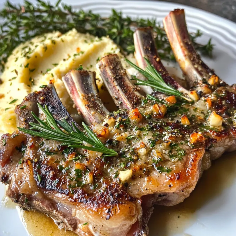 A plate of meat with garlic and rosemary.