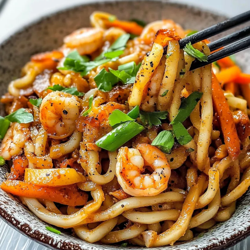 A bowl of noodles with shrimp and black pepper.