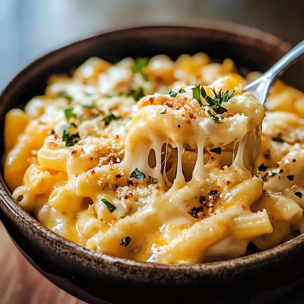 A bowl of macaroni and cheese with a spoon in it.