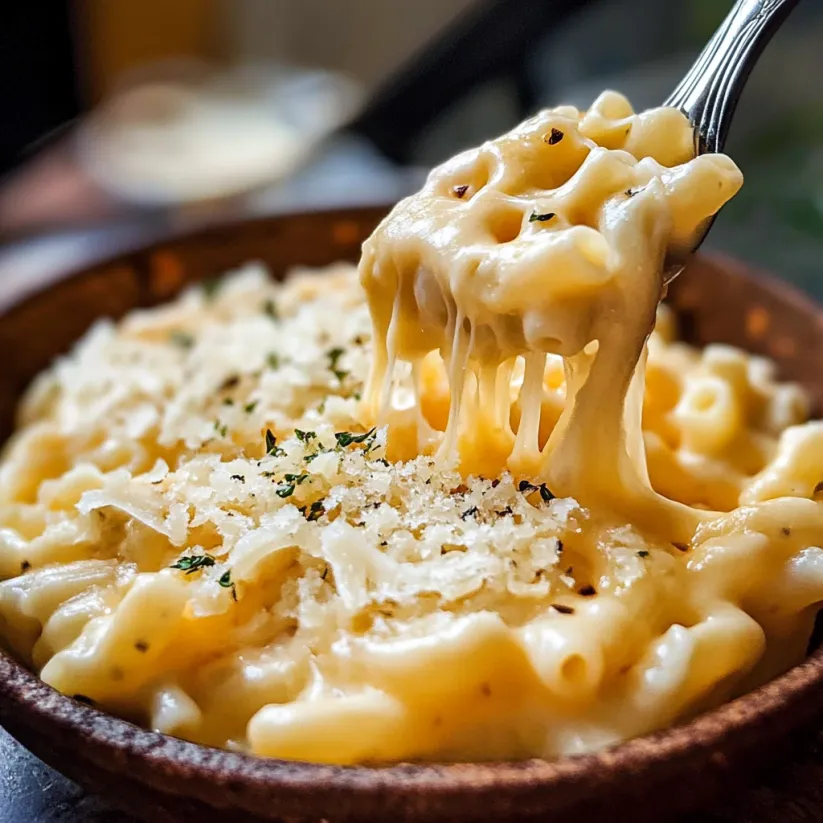 A spoon is in a bowl of macaroni and cheese.