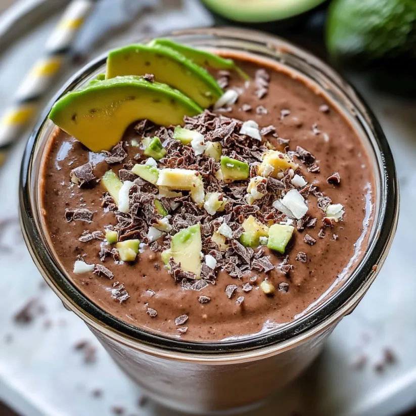 A chocolate avocado smoothie with a slice of lime on top.