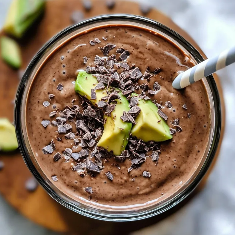 A glass of chocolate avocado smoothie.